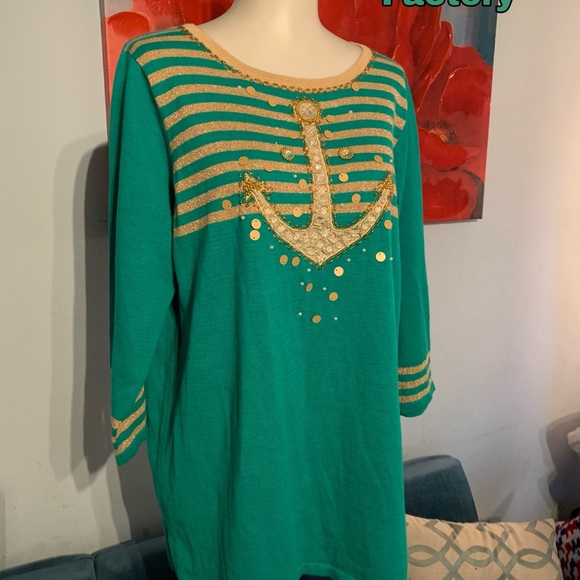 Quacker Factory Sweaters - The Quacker Factory nautical beaded sweater top m medium metallic gold green